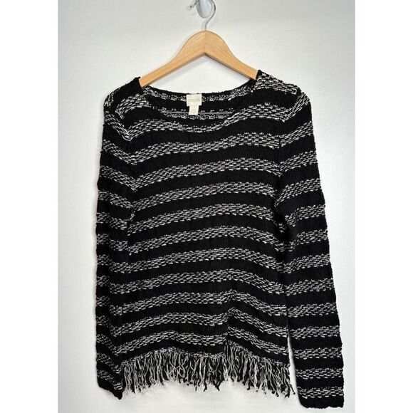 Chico's Striped Fringe Hem Sweater Textured Knit Pullover Top Size Medium - Picture 6 of 7